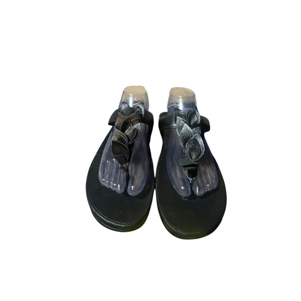 FitFlop Lulu Flower Black Thong Sandals BB7-090 Womens Size 9 Comfort Boho Wedge